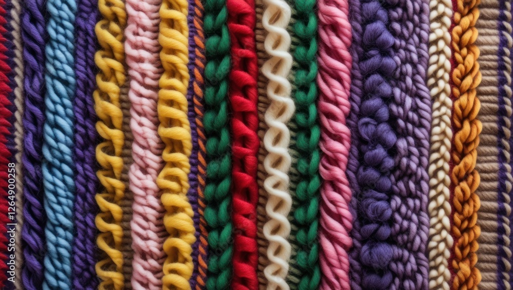 Poster colorful textured yarn strands arranged in horizontal lines showcasing various stitching techniques 