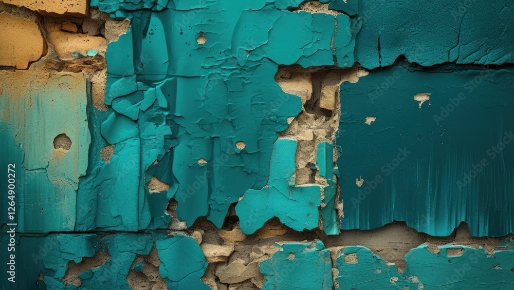 Poster aged weathered wall with peeling turquoise paint and textured surface, showing layers and cracks, id