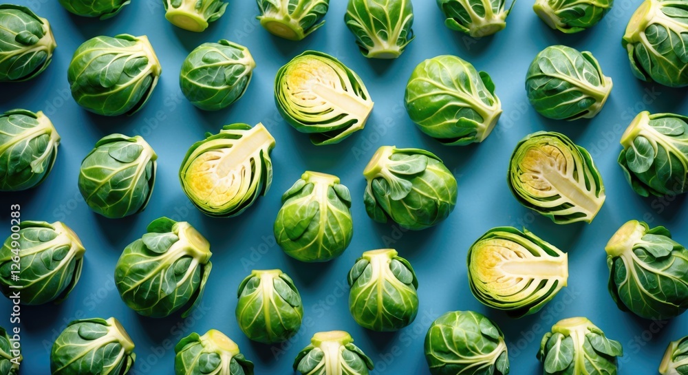 Poster fresh brussels sprouts arranged on a blue background with some cut in half showing inner texture and