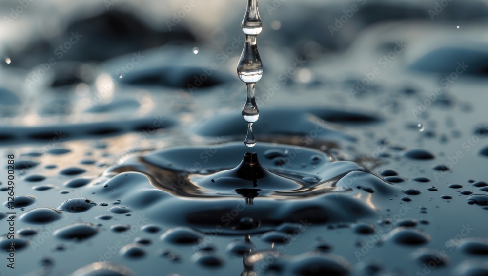 Poster Close-up of water droplets falling onto a dark surface creating ripples and splashes with bubbles and reflections in the water Copy Space