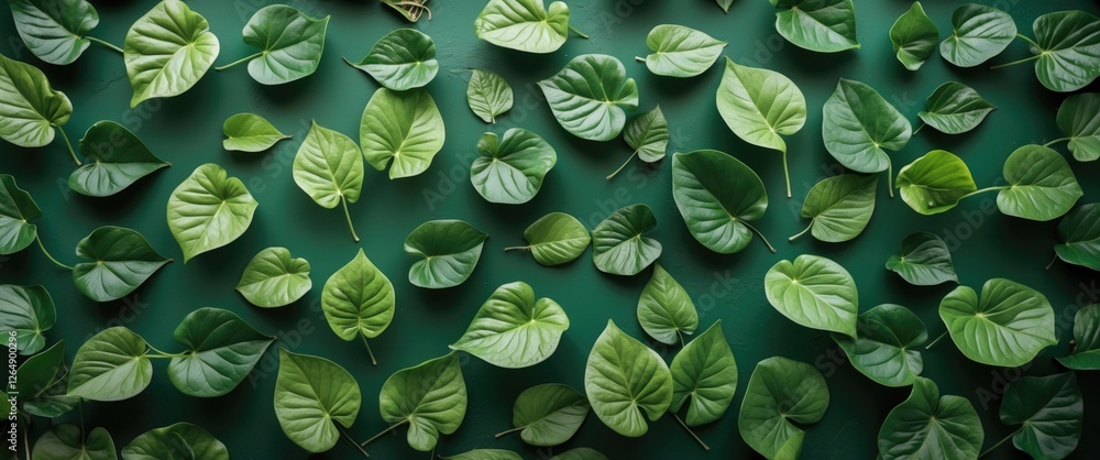 Poster flat lay of various green leaves on a dark green background with ample copy space for design or text
