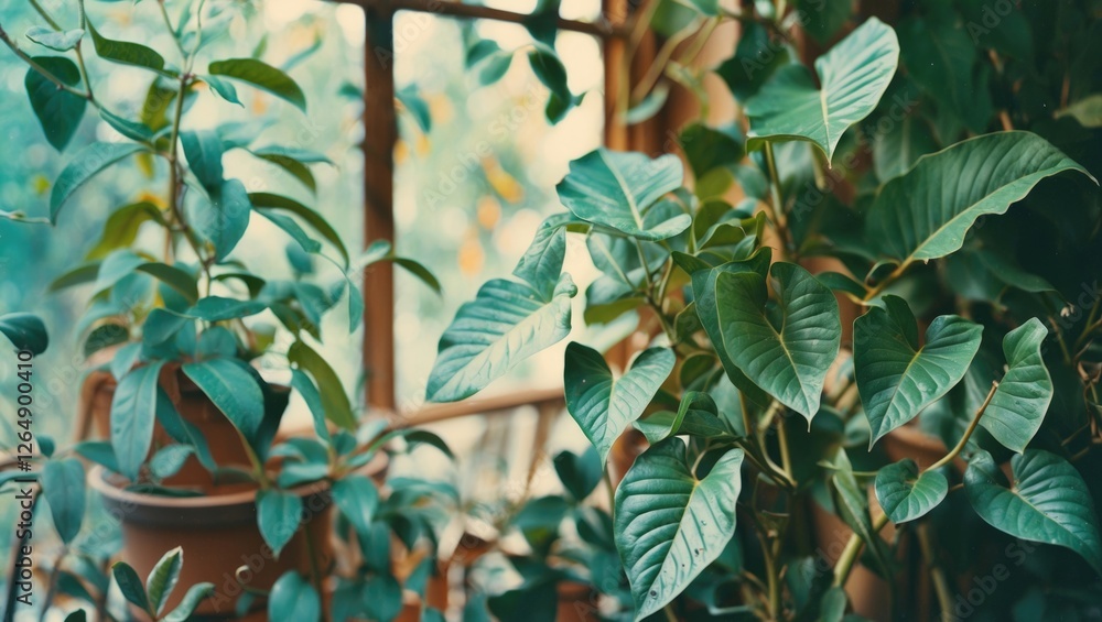 Poster green indoor plants with lush leaves near a window creating a natural light effect in a home environ