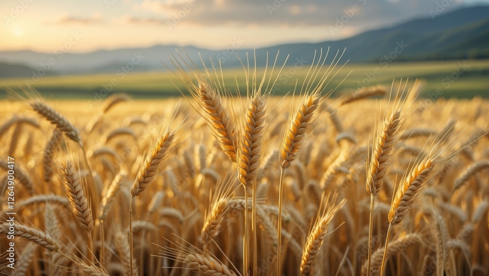 Poster wheat field during golden hour with focus on ripe wheat spikes against blurred landscape and soft cl