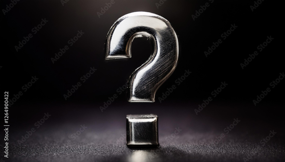 Poster shiny silver or chrome question mark on black background. faq and qa. problem solution.