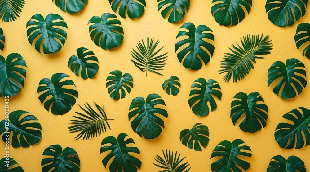 Poster tropical green leaves arranged on a bright yellow background with ample copy space for text insertio