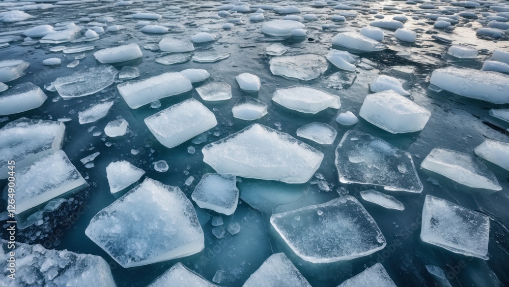 Poster ice floes floating on a calm ocean surface showcasing various shapes and sizes with natural light re