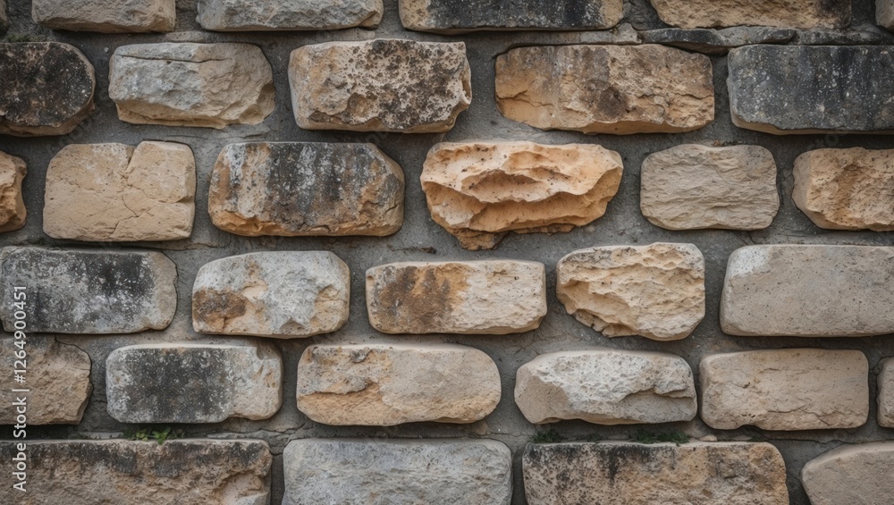 Aufkleber Textured stone wall with various sized blocks in natural colors and patterns suitable for backgrounds and design projects Copy Space