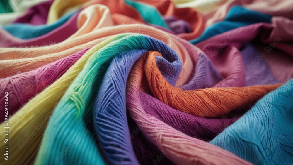 Poster Colorful textured knitted fabric in multiple shades arranged in folds with soft lighting and depth of field, Copy Space