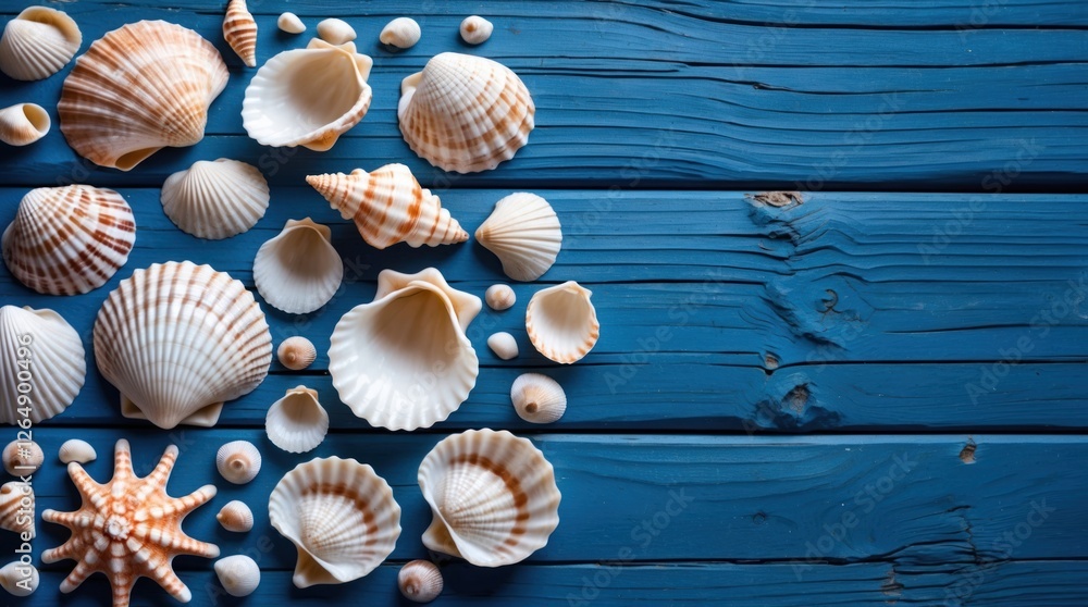 Poster Seashells and starfish arrangement on blue wooden background with ample copy space for text placement