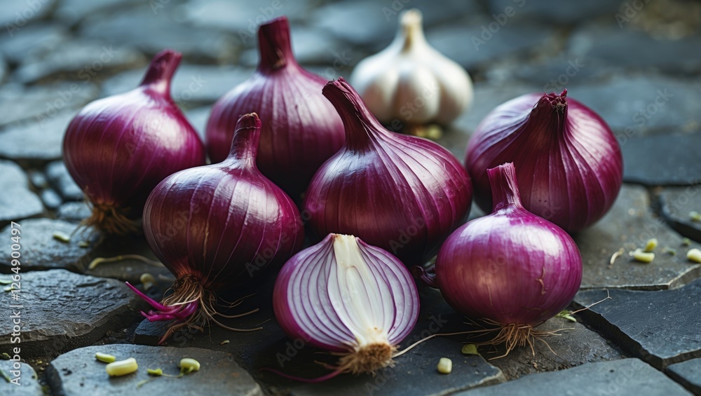Poster fresh red onions and garlic bulb on stone surface with one onion cut in half, showing inner layers a