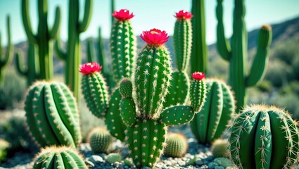 Colorful cacti with pink flowers in desert setting surrounded by various green cactus species and rocks with shallow depth of field Copy Space