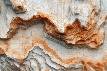 topographic elevation map with intricate contour lines in earth tones, featuring detailed terrain patterns and grid overlay