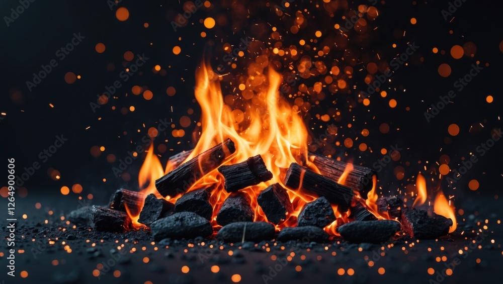 Poster close-up of a blazing campfire with burning logs and flying sparks against a dark background featuri