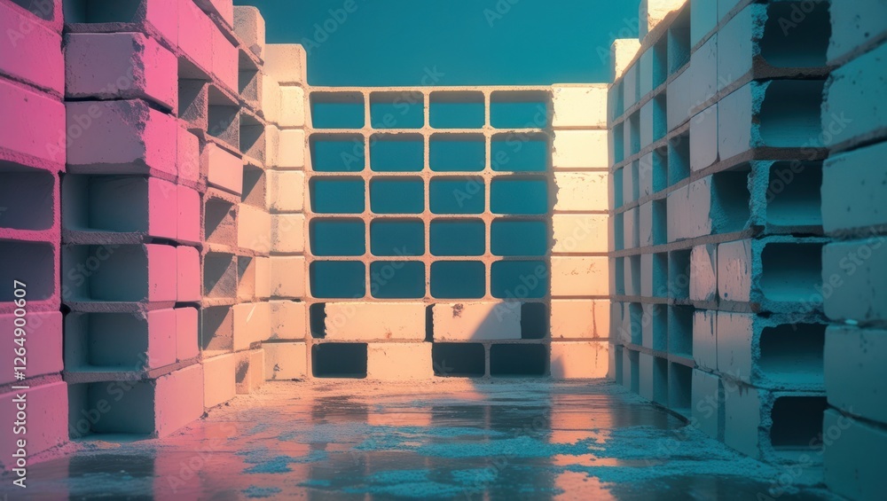 Poster Colorful abstract composition of concrete blocks in a construction setting with light reflections and vibrant tone contrasts Copy Space