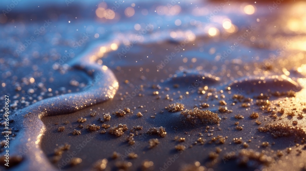 Poster close-up of sandy beach with scattered grains and gentle waves creating foam at sunset, shallow dept