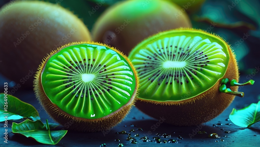 Poster freshly sliced kiwi fruit on a dark background with green leaves showcasing vibrant colors and uniqu