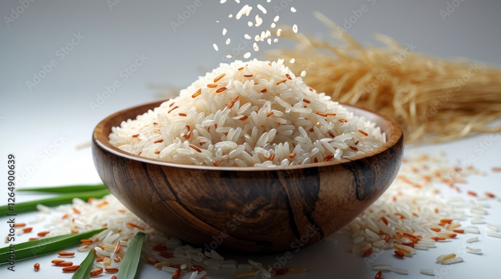Poster bowl of uncooked white rice with scattered grains and rice straw in the background on a neutral surf