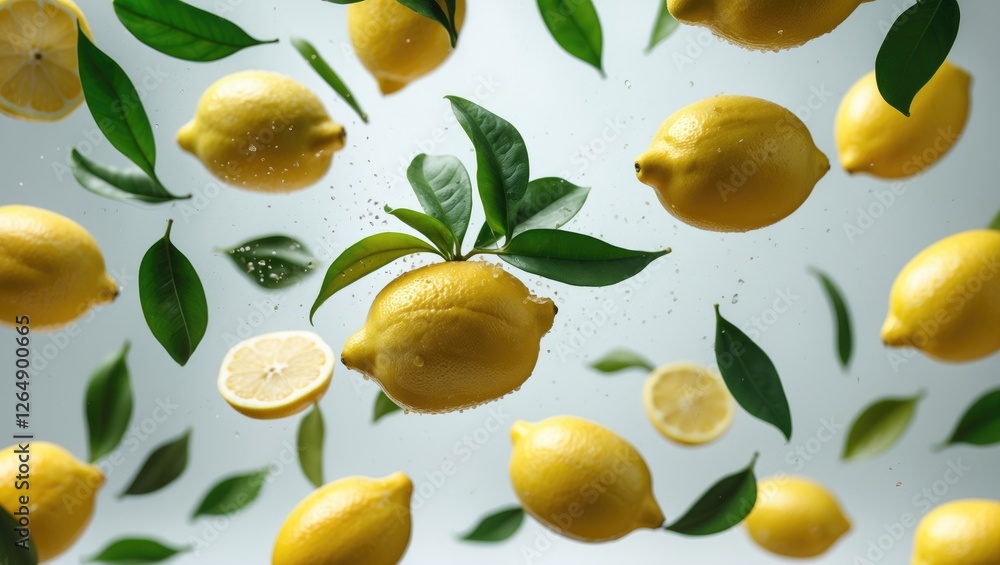 Poster fresh lemons and green leaves floating in the air with slices on a light background with copy space