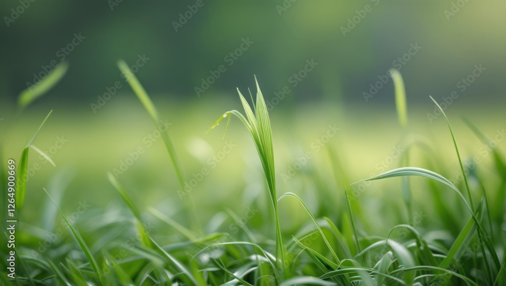 Poster close-up of green grass blades with soft focus background depicting a serene natural environment cop