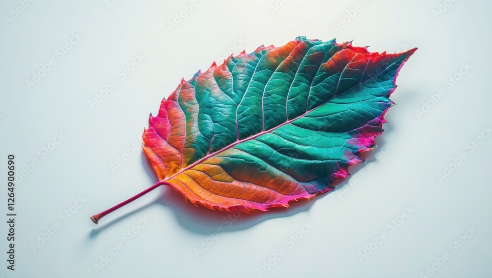 Aufkleber Colorful leaf on a light background showcasing intricate details and vibrant hues with ample Copy Space for text placement.