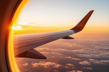 Obraz premium Airplane wing above clouds at sunset seen through window for travel promotion
