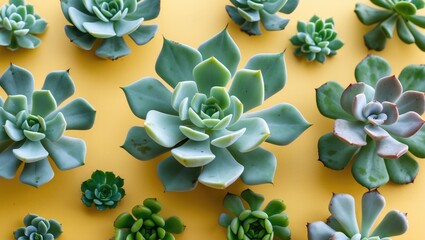 Variety of succulent plants arranged on bright yellow background with ample Copy Space for text placement