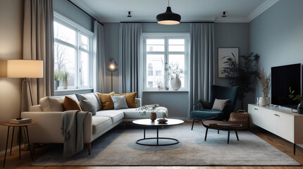 Fototapeta premium Stylish Scandinavian interior living room with a neutral gray couch and clean minimalist design for an elegant and welcoming vibe Modern Interior Design Inspiration