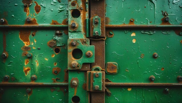 Close-up of weathered green metal surface with rusted bolts and hinges, texture details, industrial aesthetic, Copy Space