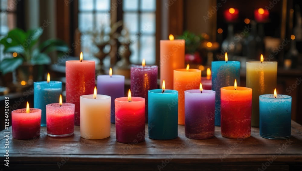 Poster colorful candles on a wooden surface with warm lighting creating a cozy atmosphere copy space