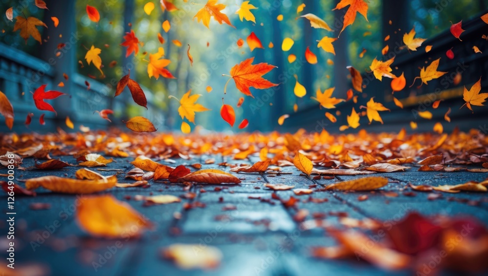 Aufkleber Colorful autumn leaves falling on a path in a park with blurred trees in the background and copy space for text