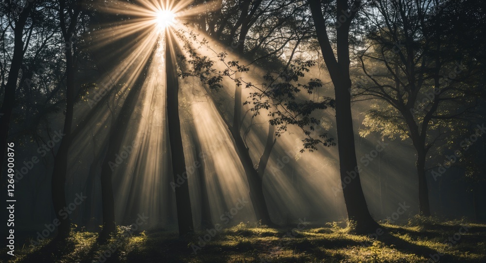Poster sunlight rays filtering through trees in a misty forest creating a serene atmospheric landscape with