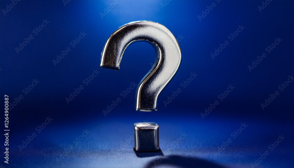 Poster shiny silver or chrome question mark on blue background. faq and qa. problem solution.