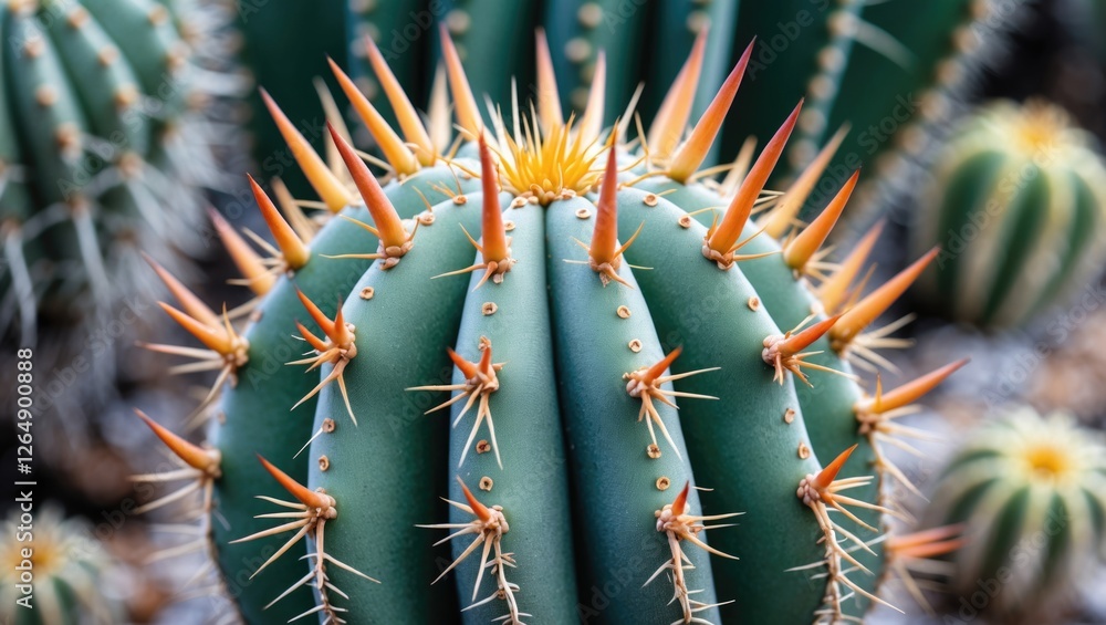Poster Close-up of cactus with spines and green skin in desert environment featuring blurred background for depth and texture. Copy Space