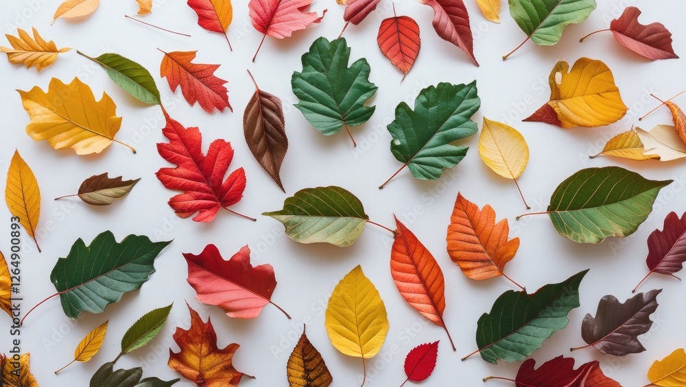 Poster assorted colorful autumn leaves on white background with natural textures isolated copy space
