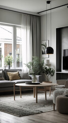 Fototapeta premium Stylish Scandinavian living room design with neutral gray couch and minimalist decor perfect for those who love simplicity and comfort Modern Interior Design Inspiration