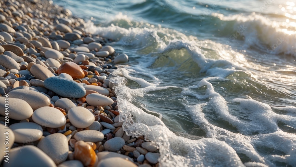 Poster Pebbled beach with gentle waves lapping at the shore during sunset with soft focus and copy space for text.