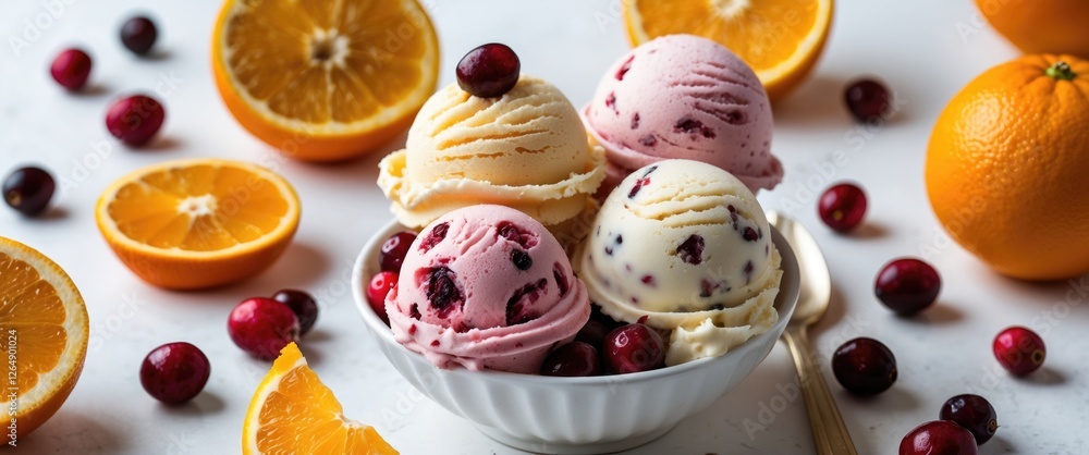 Poster Three scoops of colorful ice cream in a bowl surrounded by fresh oranges and cranberries on a marble surface with Copy Space.