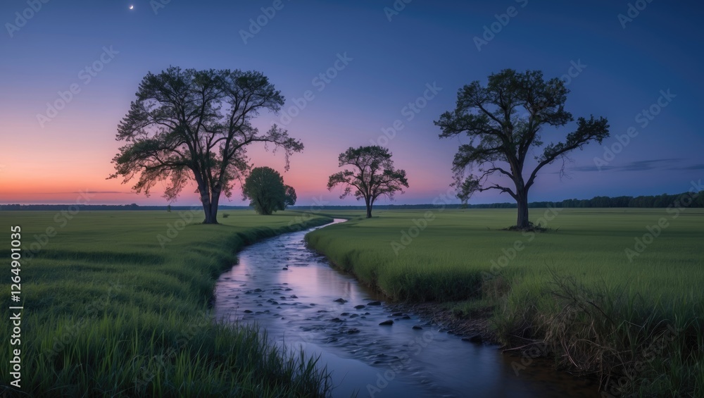 Aufkleber tranquil landscape at dawn with trees and a winding stream in a rice field illuminated by soft early