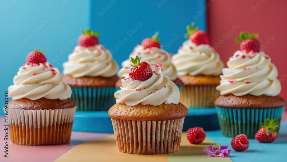 Poster delicious cupcakes with swirled cream frosting and fresh strawberries on colorful pastel background 
