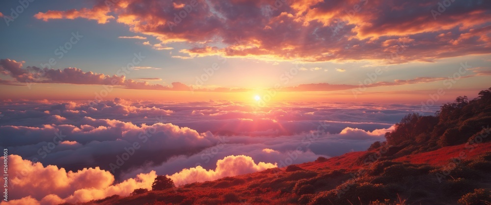 Poster sunset over rolling hills with dramatic clouds and colorful sky above a sea of clouds landscape at h