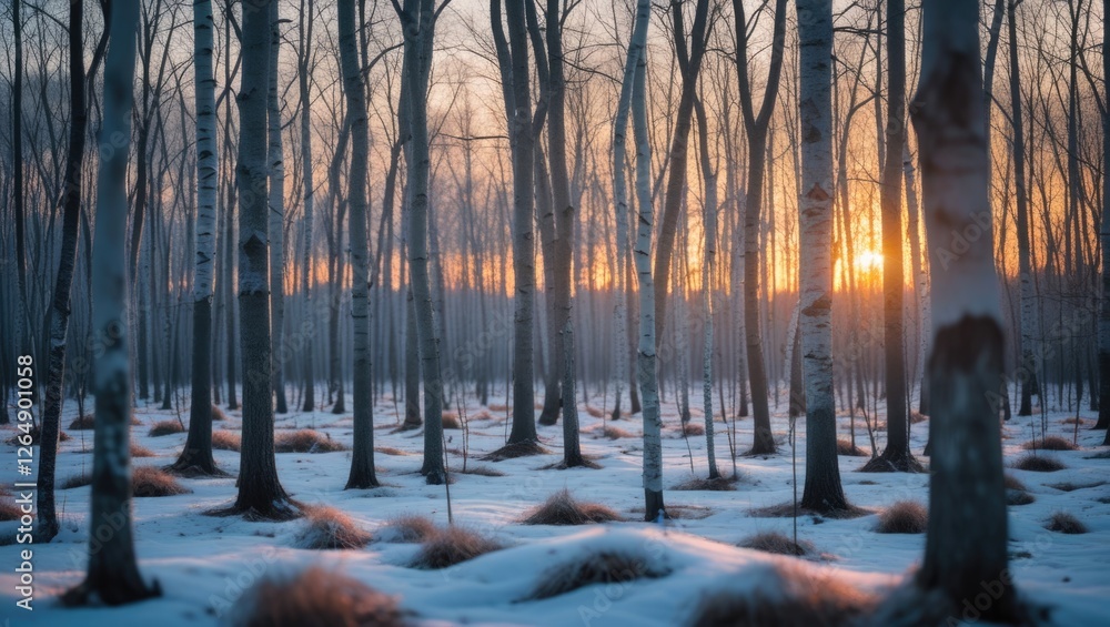 Poster snow-covered forest with bare trees during sunset creating warm light in the winter landscape copy s