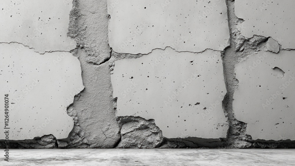 Poster Textured gray concrete wall with cracks and uneven surface showing wear and degradation with copy space for text placement
