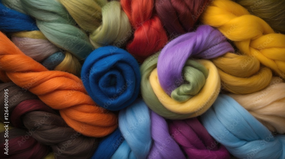 Poster vibrant assortment of colorful wool fibers and braids arranged artistically for textile or crafting 