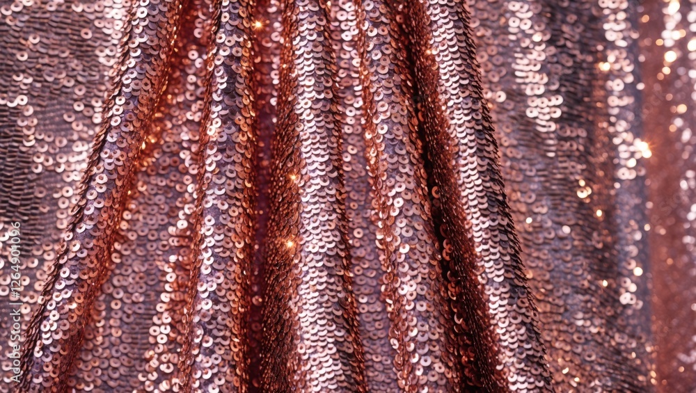 Poster close-up of shimmering rose gold sequin fabric with folded drapes and reflections, suitable for back