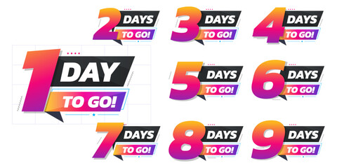 Days To Go Countdown banner template design. 1, 2, 3, 4, 5, 6, 7, 8, 9, 10, 20, 30 days left countdown icon. vector	
