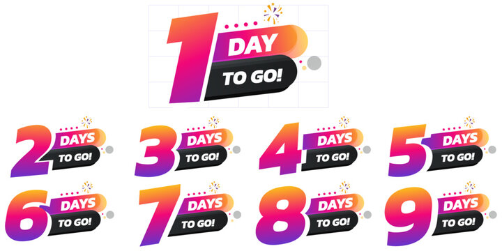 Days To Go Countdown banner template design. 1, 2, 3, 4, 5, 6, 7, 8, 9, 10, 20, 30 days left countdown icon. vector	

