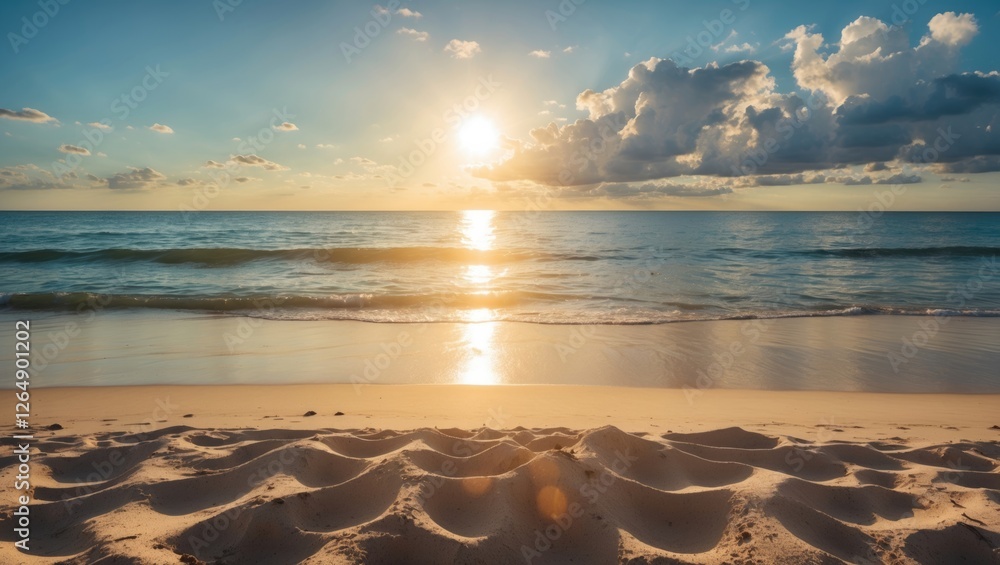 Poster sunset over serene beach with soft waves and clouds under blue sky with reflected sunlight copy spac