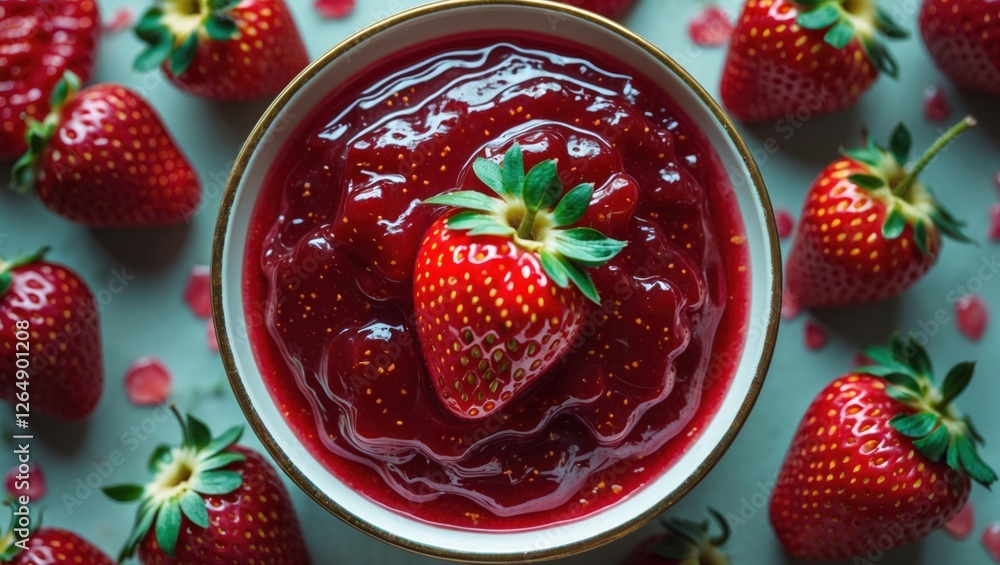 Poster bowl of strawberry jam with fresh strawberries arranged around it on light background copy space