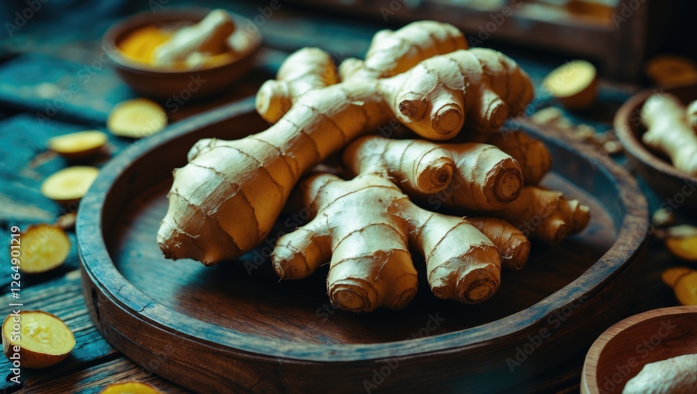 Poster Fresh ginger roots on a wooden plate with sliced ginger and spices on a rustic table Copy Space