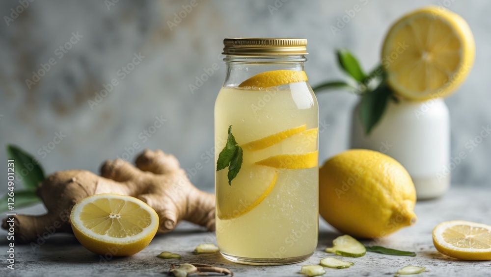 Poster refreshing homemade lemonade in a glass jar with lemon slices and ginger on a textured background wi